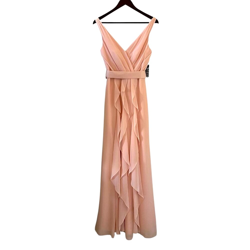 Vera Wang White NEW Chiffon Ruffle Maxi Dress In Blush Pink Size 2